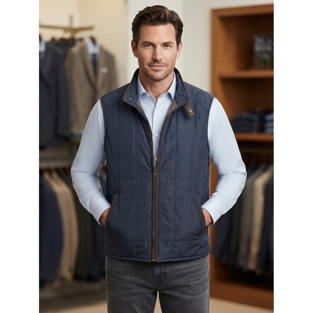 Jos. A. Bank Mens Quilted Vest Navy Blue Brown Trim Plaid Lining Sz M REG Preppy
